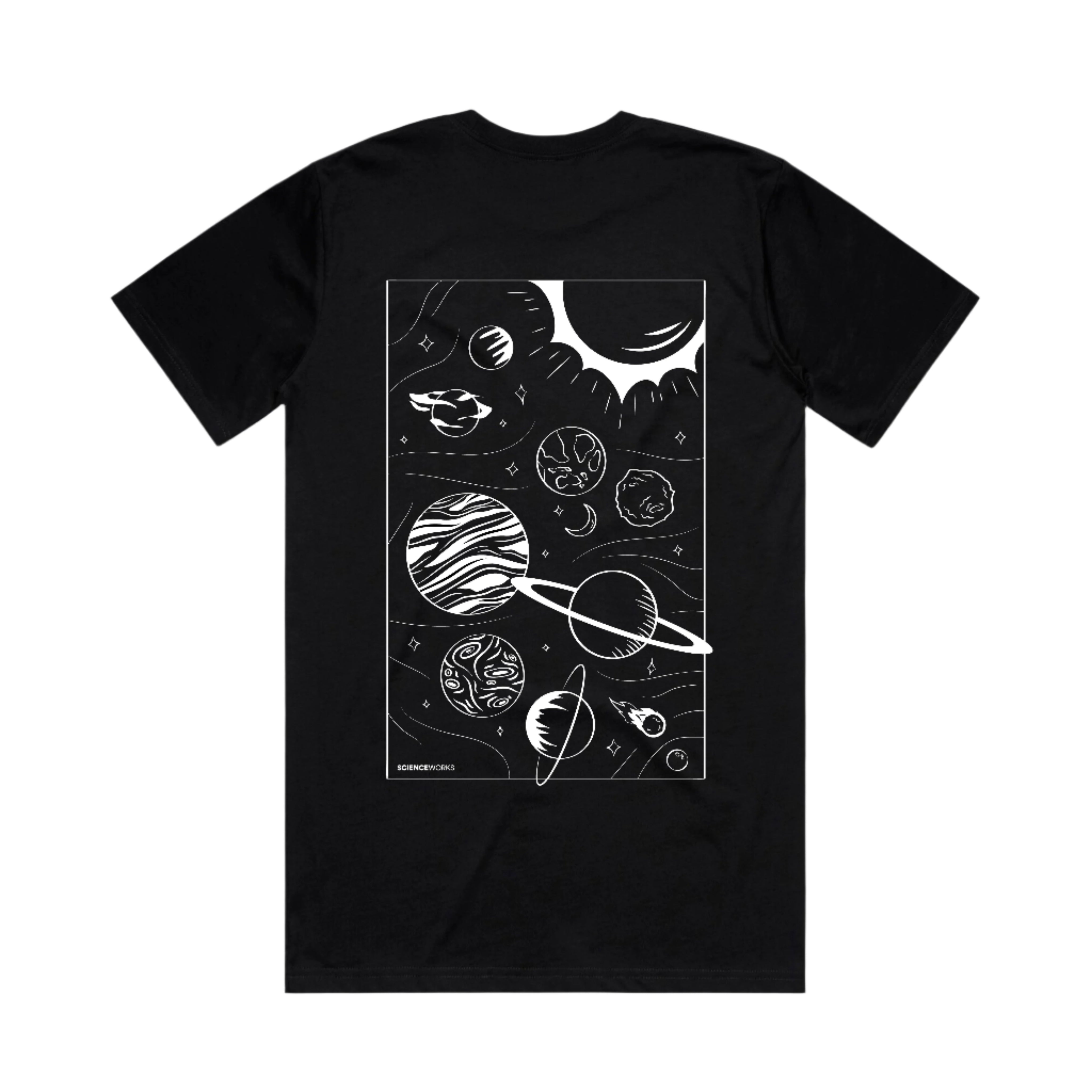 The back view of a black adults t-shirt with a white space illustration in the centre. The sun, moon, planets, stars, and asteroids are drawn in white across the image. Scienceworks is written in the bottom left of the image.