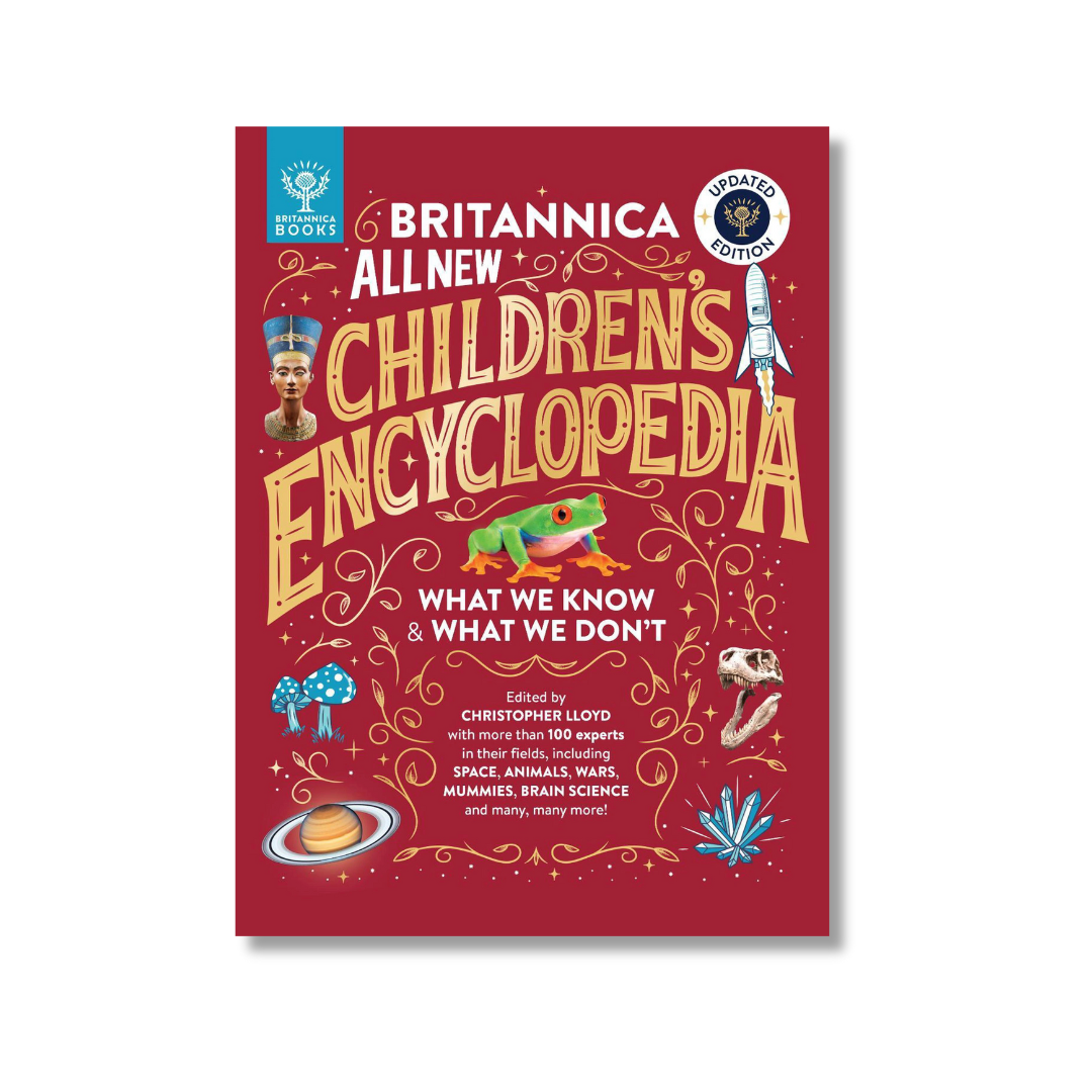Children's Encyclopedia book cover with colorful illustrations on a red background