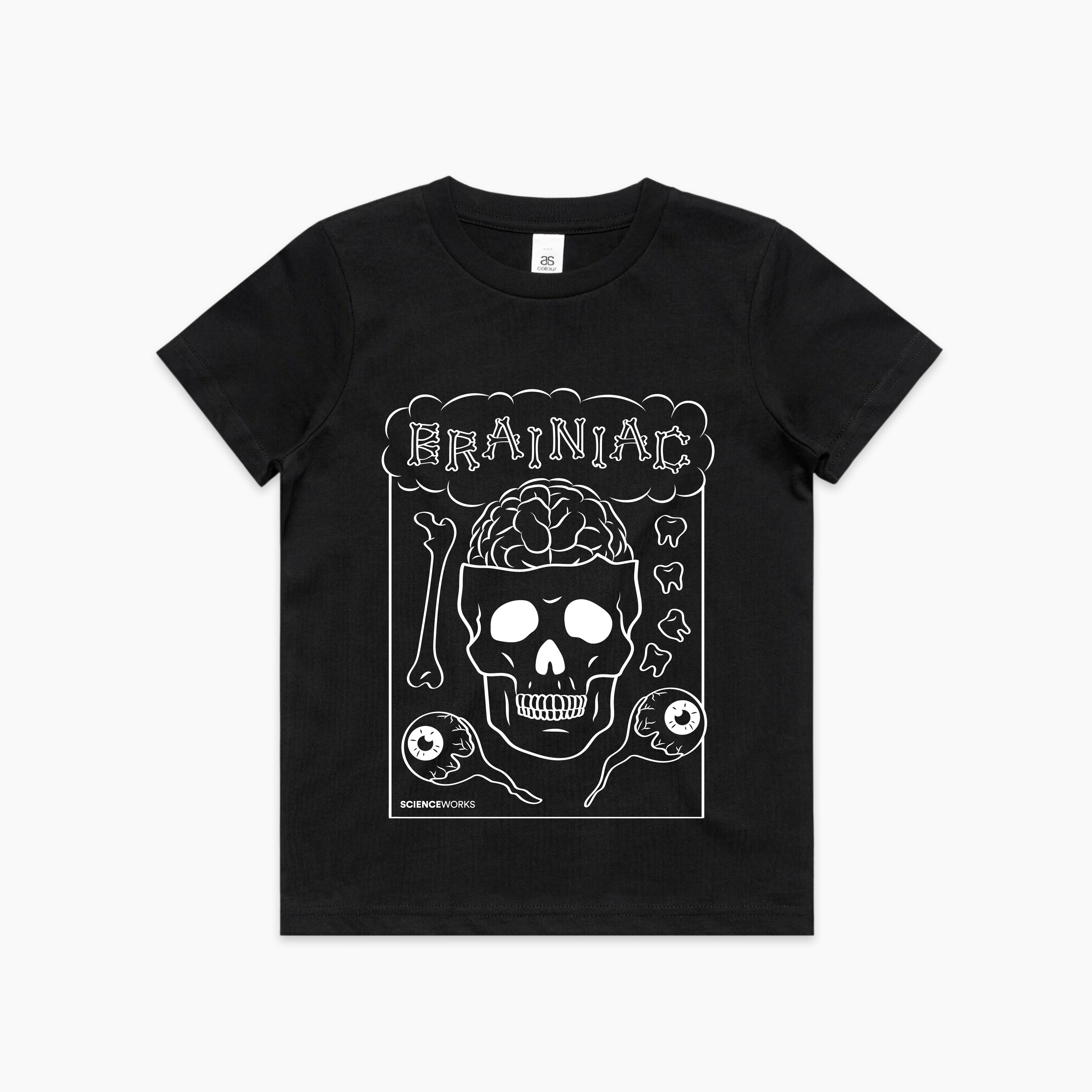 Front view of black kids t-shirt. The word Brainiac is in a cloud across the top centre of the chest. A skull with its brain exposed is below this, with a bone, four teeth, and two eyeballs floating around it. This is outlined in a rectangle and Scienceworks is written in small print on the bottom left.